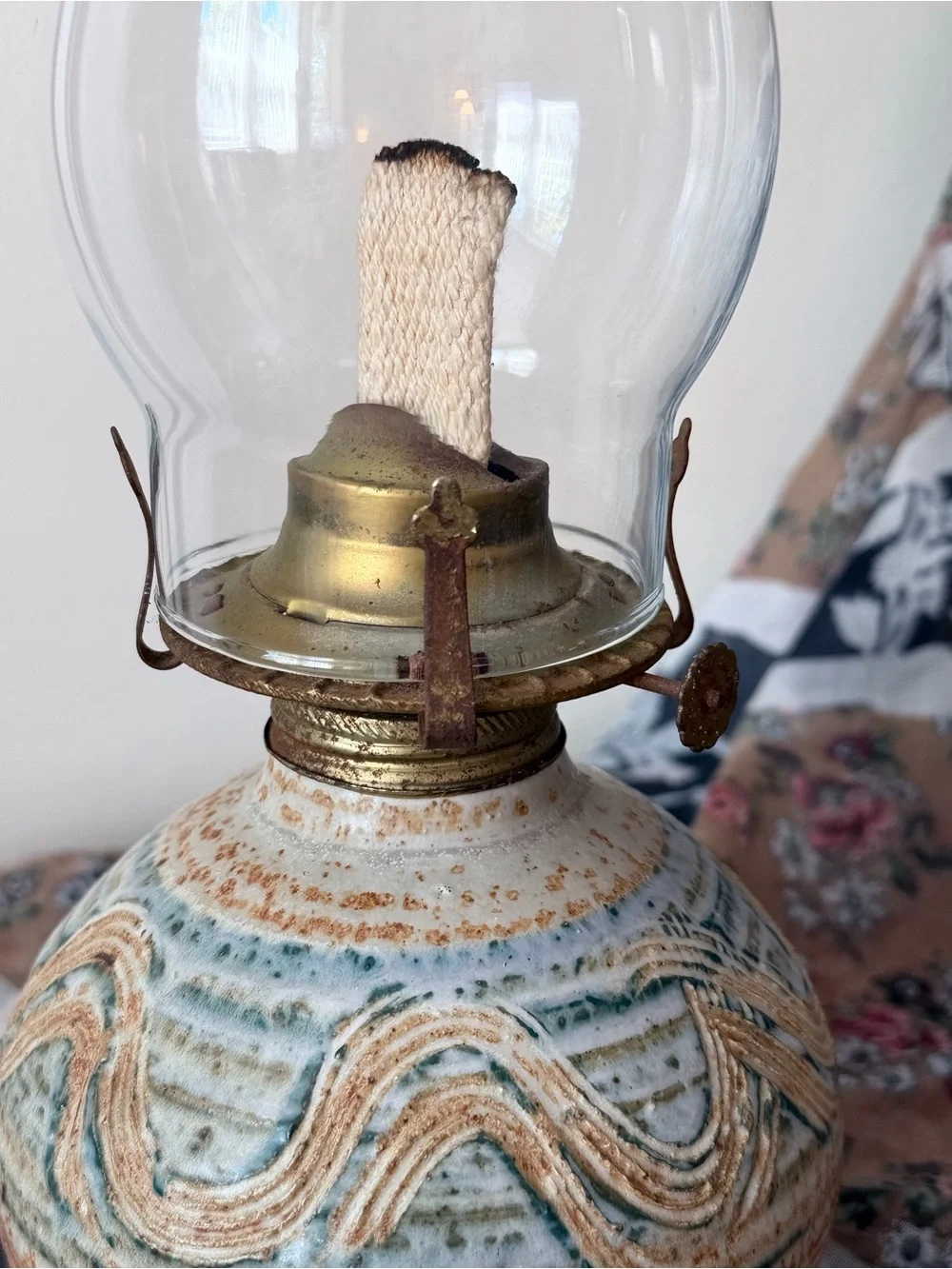 Oil Lamp Stoneware Hurricane Glass Chimney 14” Vintage Studio Pottery
